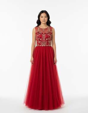 Beaded Tulle Cap Sleeve Prom Gown